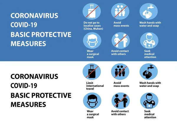 Coronavirus COVID-19 önleme ipuçları, temel koruma tedbirleri, koronavirüsün nasıl önleneceği. Bilgi elementleri. Zatürree hastalığı. Mavi arkaplan.