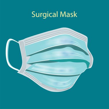 Üç boyutlu tıbbi maske, turkuaz arka planda izole edilmiş. Vektör çizimi. COVID19 koruması.