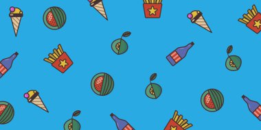 Renkli düz simge seti. Dondurma, karpuz, limon, şişe ve patates kızartması. Mavi arka plan. Yaz illüstrasyonu.