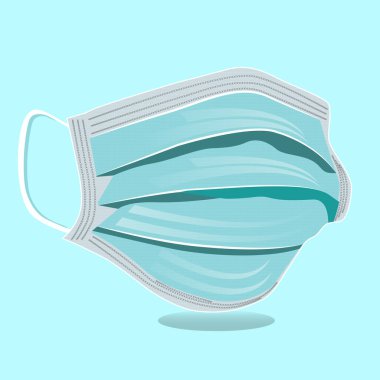 Üç boyutlu tıbbi maske mavi arka planda izole edildi. COVID19 koruması. Gerçekçi maske.