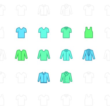 Moda giysiler simgeler, 2 piksel kontur ve 60 x 60 çözünürlük. Web ve mobil için anahat vektör simgeler.