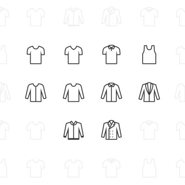 Moda giysiler simgeler, 2 piksel kontur ve 60 x 60 çözünürlük. Web ve mobil için anahat vektör simgeler.