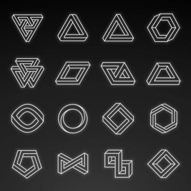 İmkansız şekiller kümesi. Parlama efekti şekillerle. Optik yanılsama. Vektör çizim üzerinde beyaz izole