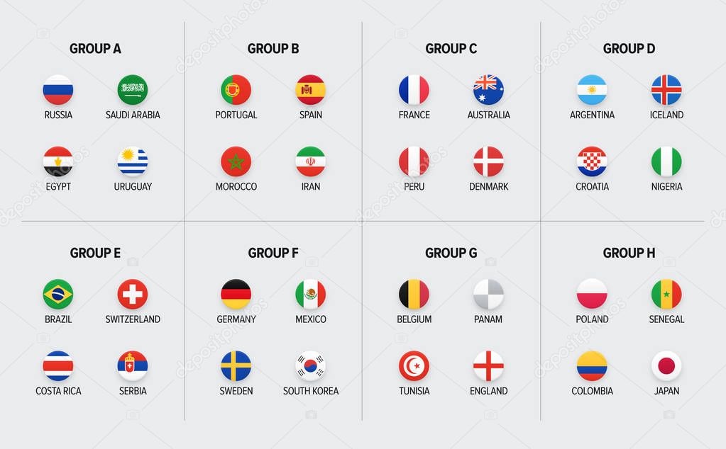 Football World Championship. Soccer tournament in Russia. 2018 world football cup. Nations flags groups