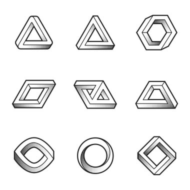 İmkansız şekiller kümesi. Web tasarım öğeleri. Optik yanılsama. İçini kaplamak çizmek. Vektör çizim Eps 10