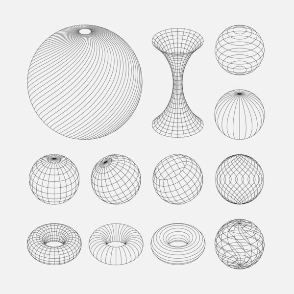 Wireframe earth grid mesh objects set. Network line, HUD design spheres set. Isolated on white background