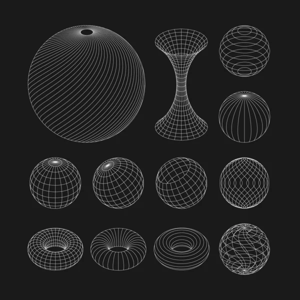 Set Oggetti Rete Wireframe Earth Grid Linea Rete Set Sfere — Vettoriale Stock