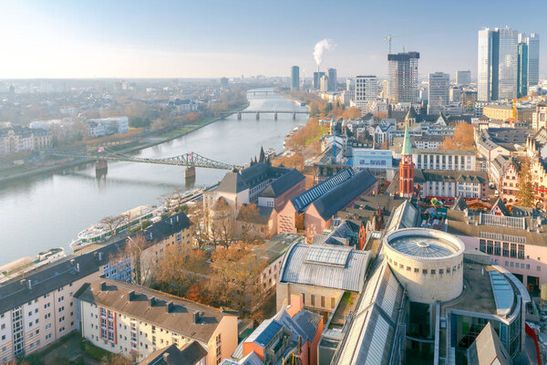 Aerial view of the city on a sunny morning. Frankfurt. Germany.