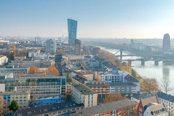 Aerial view of the city on a sunny morning. Frankfurt. Germany.