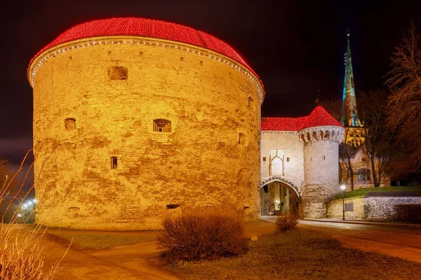 Tallinn. der Turm fette Margarita in der Nacht. — Stockfoto