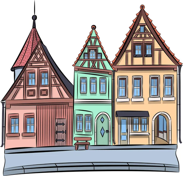 Fasády starých domů v Rothebergu ob der Tauber. — Stockový vektor