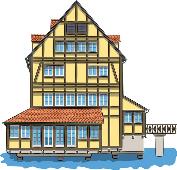 Fasad av ett gammalt hus över en kanal i Bamberg. — Stock vektor