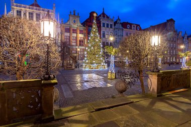 Uzun Pazar Meydanı ve Noel ağacının Noel için aydınlatıldığı gece. Gdansk. Polonya.