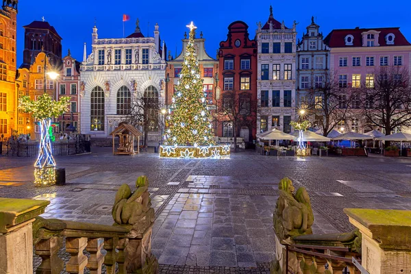 Długi Rynek Choinka Oświetleniu Nocy Boże Narodzenie Gdańsku Polska — Zdjęcie stockowe