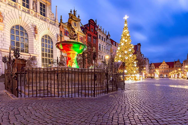 Uzun Pazar Meydanı ve Noel ağacının Noel için aydınlatıldığı gece. Gdansk. Polonya.