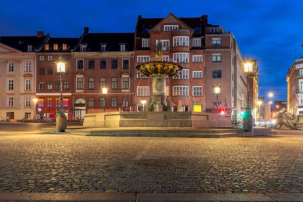 Square Amagertorv Stork Fountain Night Lighting Sunrise Copenhagen Denmark — Stock Photo, Image