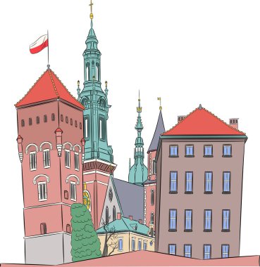 Wawel Hill 'deki Krakow Kraliyet Kalesi. Polonya.