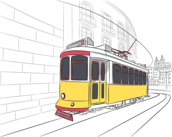 Lisbonová. Stará žlutá tramvaj na pozadí města. — Stockový vektor