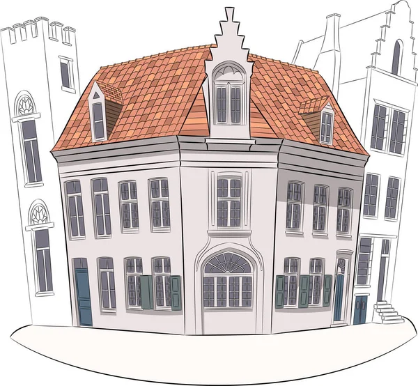 Bruges 'ün tarihi bölümünde geleneksel ortaçağ evleri. — Stok Vektör