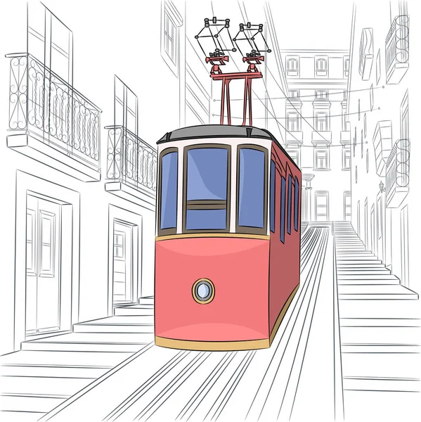 Lisboa Antiguo Funicular Sobre Telón Fondo Ciudad — Archivo Imágenes Vectoriales