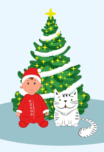 Santa toodler boy vith cat under decorated Christmas tree, Vector Illustration — Stock Vector