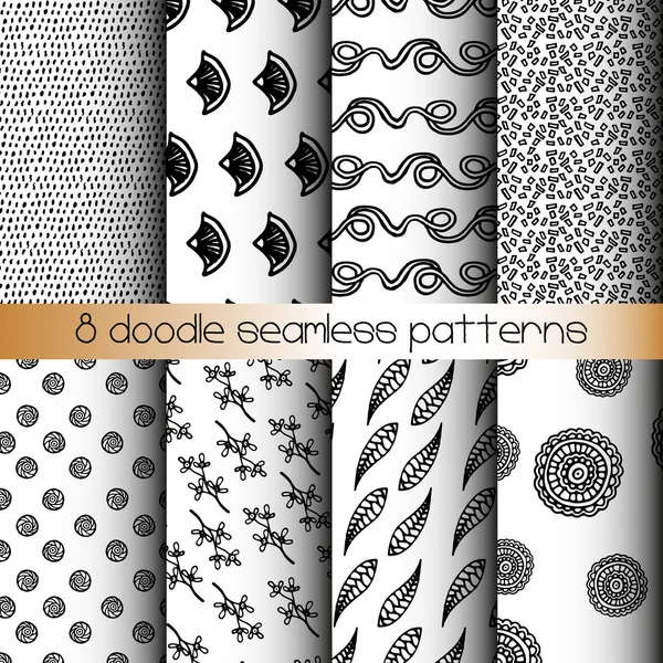 Conjunto de 8 padrões sem emenda doodle preto e branco — Vetor de Stock