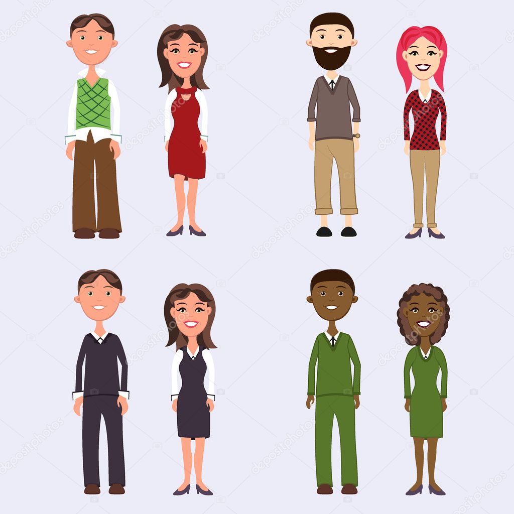 et of diverse business people isolated on white background. Different dress styles. Cute and simple flat cartoon style.