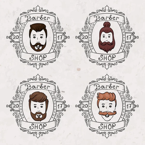 Barber shop advertise Hairstyles beard and hair face cut, young man doodle cartoon collection on rice paper background. Vector male sketchy illustration. Modern hairstyles icons, — Stock Vector