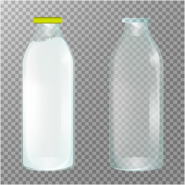 Botellas de vidrio transparente. Productos lácteos. Frascos de leche vacíos, llenos y cerrados. Conjunto vectorial de tres imágenes . — Vector de stock