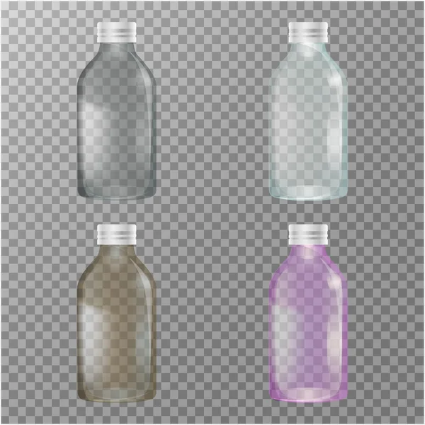 Botellas de vidrio transparente. Productos lácteos. Frascos vacíos y cerrados. Conjunto vectorial de cuatro imágenes . — Vector de stock