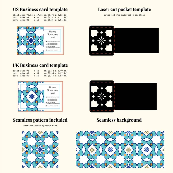 Business cards pattern with Islamic morocco ornament. Template with a cut out pattern. May be user for laser cutting. EDITABLE SEAMLESS PATTERN INCLUDED — Stock Vector