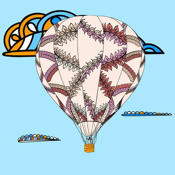 Hava balonu renkli zentangle illüstrasyon. Vektör çizim tarzı doodle, etnik, aşiret tasarım. Seyahat kavramı. — Stok Vektör