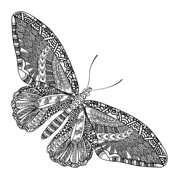 Papillon avec motif de gribouillis ethnique. Modèle inspiré de Zentangle pour les pages de livres de coloriage anti stress pour adultes et enfants . — Image vectorielle