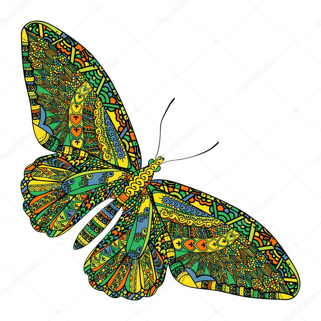 Colorful Butterfly with ethnic doodle pattern. Zentangle inspired pattern for anti stress coloring book pages for adults and kids.