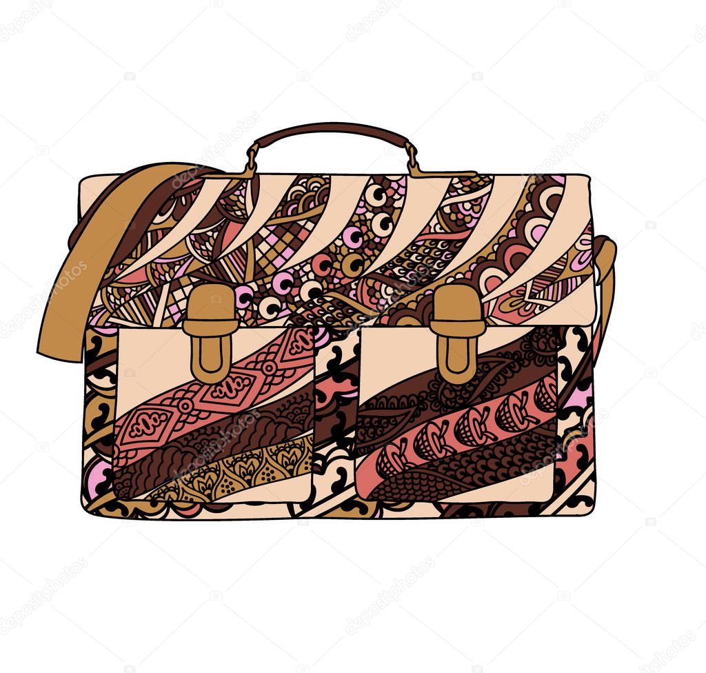 Colorful Bag travel with ethnic doodle pattern. Zentangle inspired pattern for anti stress coloring book pages for adults and kids.