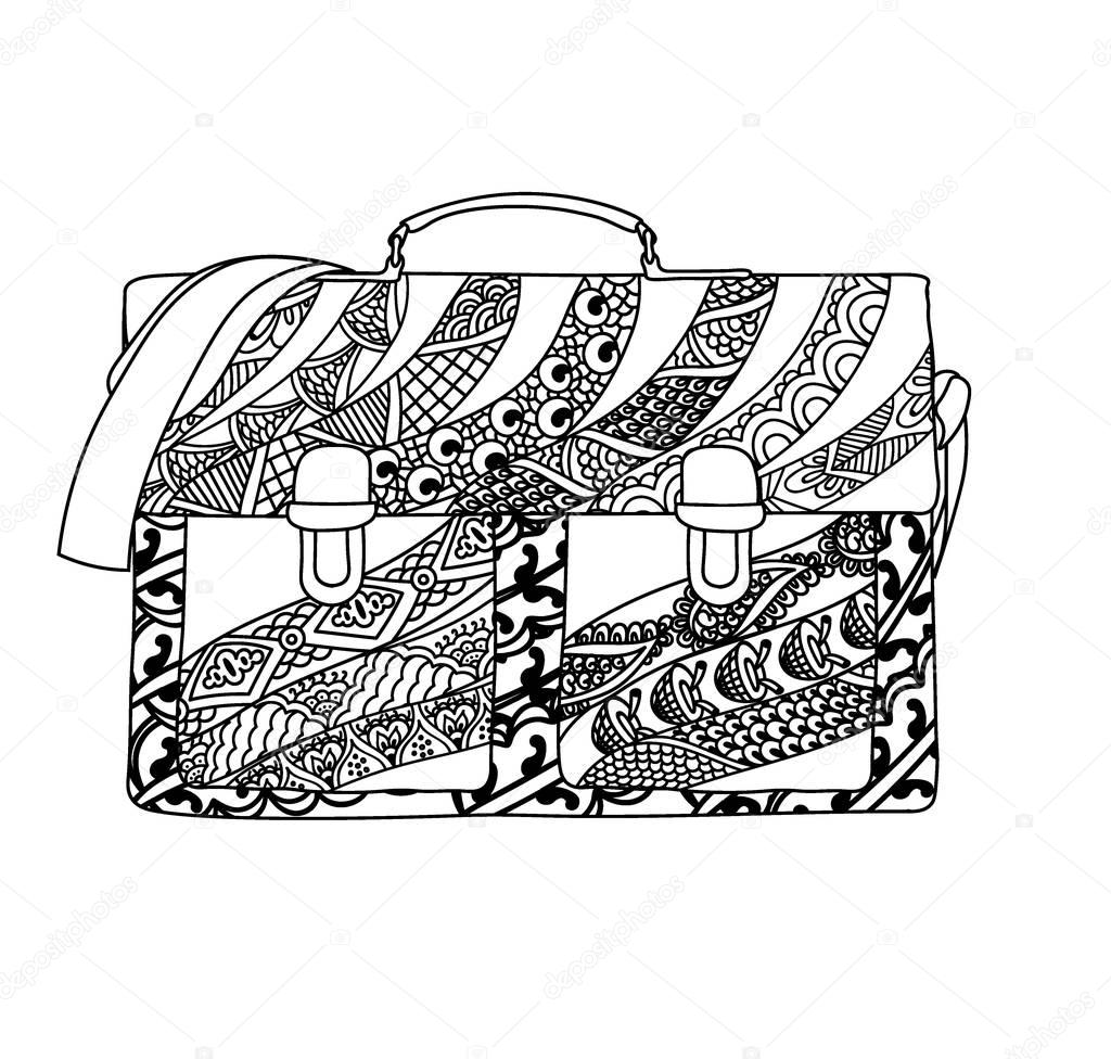Bag travel with ethnic doodle pattern. Zentangle inspired pattern for anti stress coloring book pages for adults and kids.