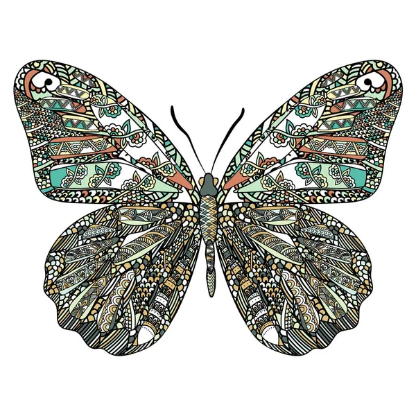 Papillon coloré avec motif ethnique doodle. Modèle inspiré de Zentangle pour les pages de livres de coloriage anti stress pour adultes et enfants . — Image vectorielle