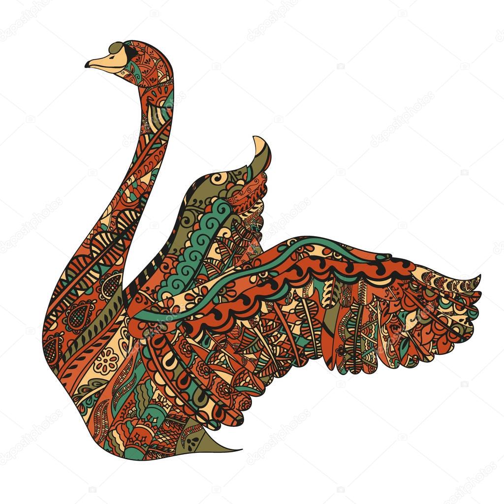 Colorful swan with ethnic doodle pattern. Zentangle inspired pattern for anti stress coloring book pages for adults and kids.