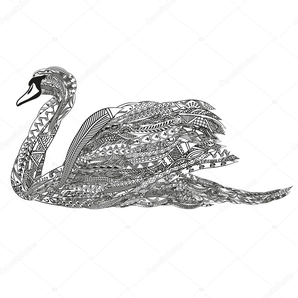 Swan with ethnic doodle pattern. Zentangle inspired pattern for anti stress coloring book pages for adults and kids.