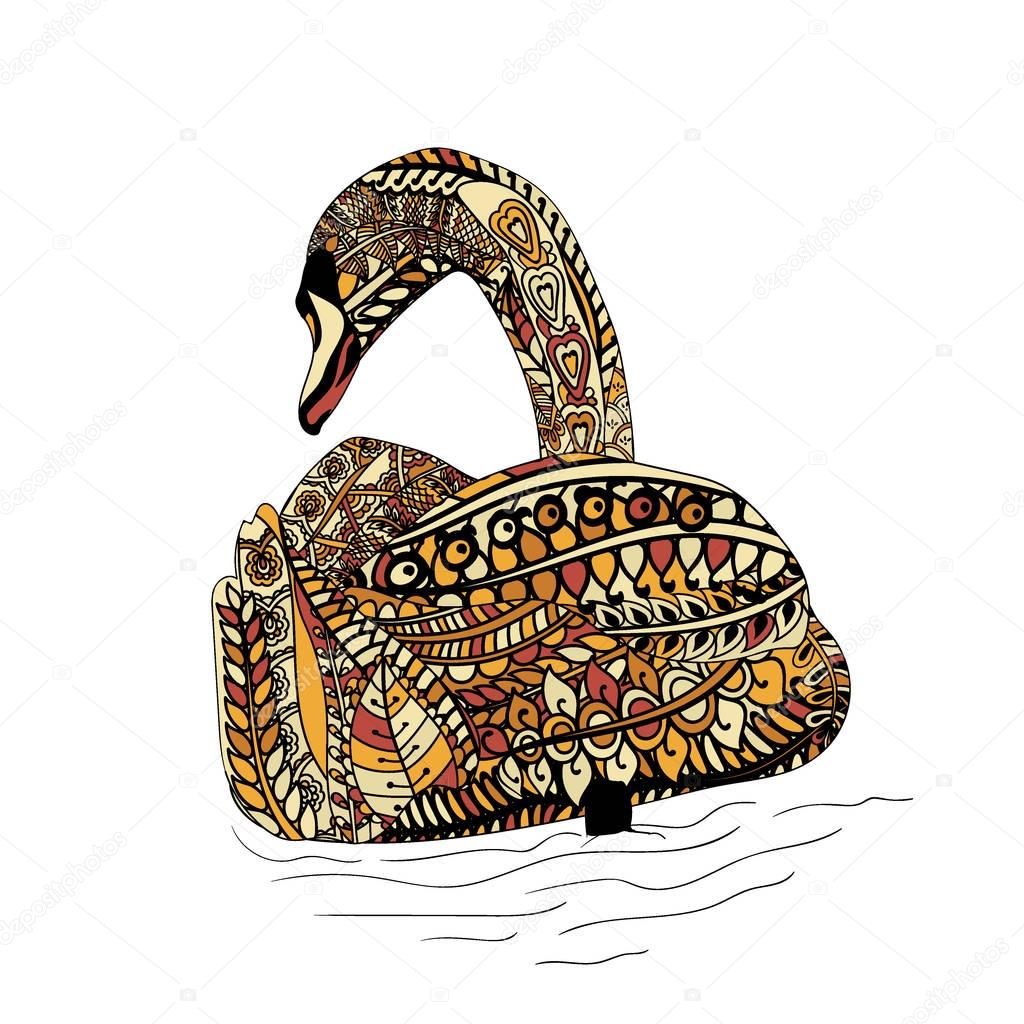 Colorful swan with ethnic doodle pattern. Zentangle inspired pattern for anti stress coloring book pages for adults and kids.