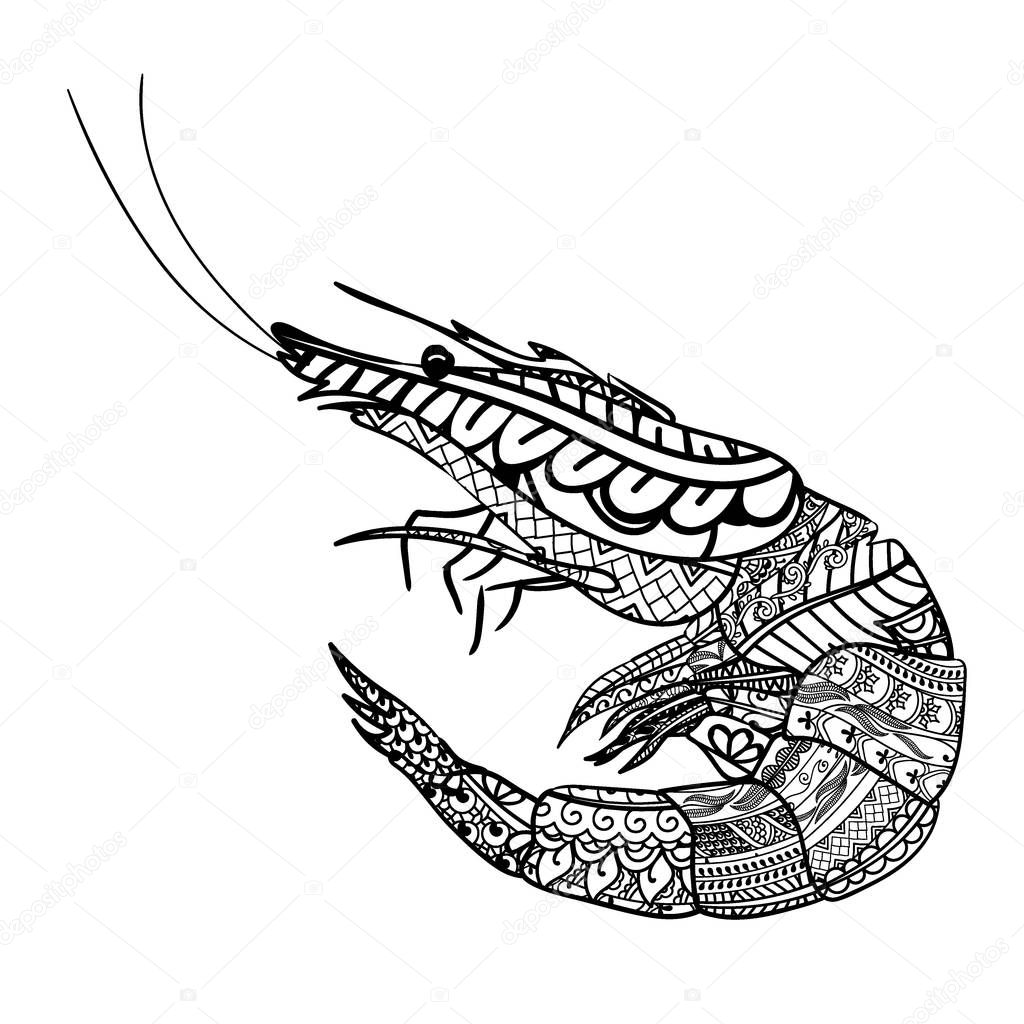 Shrimp with ethnic doodle pattern. Zentangle inspired pattern for anti stress coloring book pages for adults and kids.
