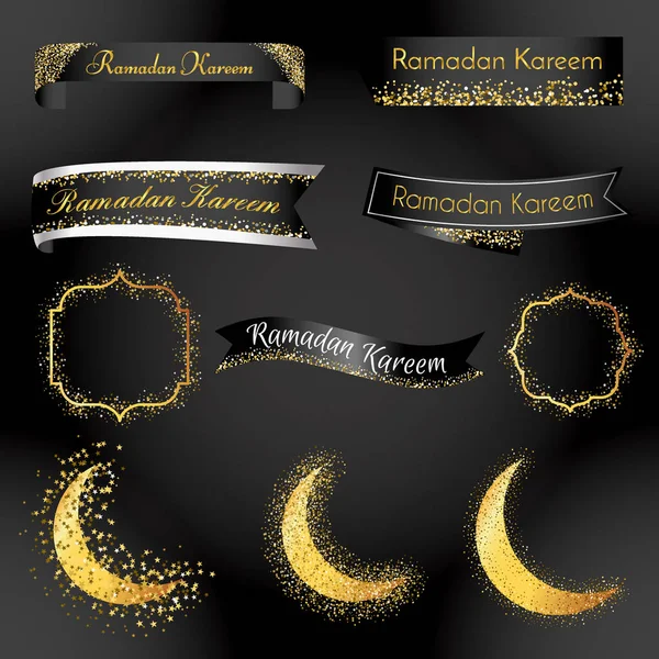 Ruban Ramadan Kareem et modèle d'étiquette. badge d'objet vectoriel pour votre design avec lune et paillettes dorées. Des polices gratuites sont utilisées — Image vectorielle