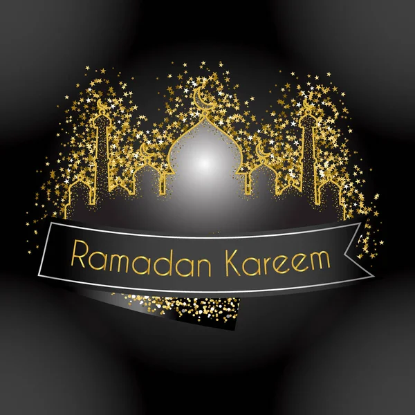 Golden mosque for Muslim community festival Ramadan Kareem with glitter. Free fonts are used — Stock Vector