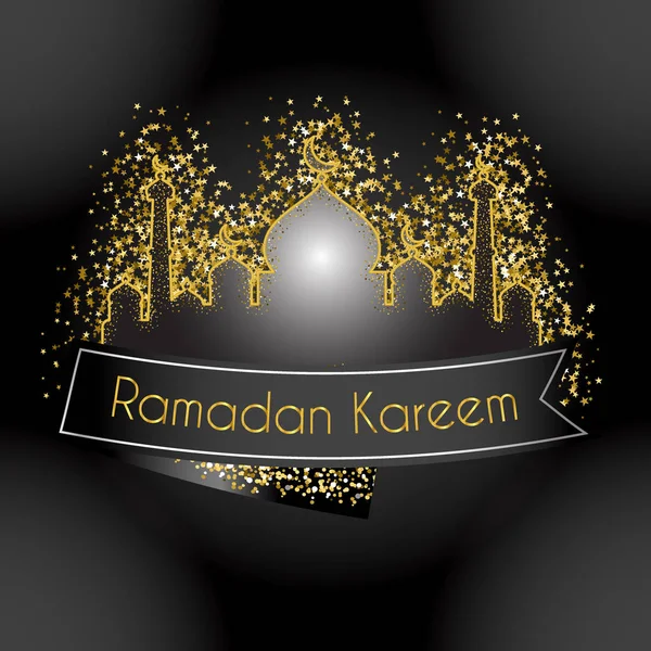 Moschea d'oro per il festival della comunità musulmana Ramadan Kareem con glitter. Vengono utilizzati caratteri gratuiti — Vettoriale Stock