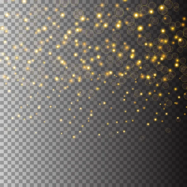 Vector gold glitter particles background effect for luxury greeting rich card. Sparkling texture. Star dust sparks in explosion on transparent background — Stock Vector