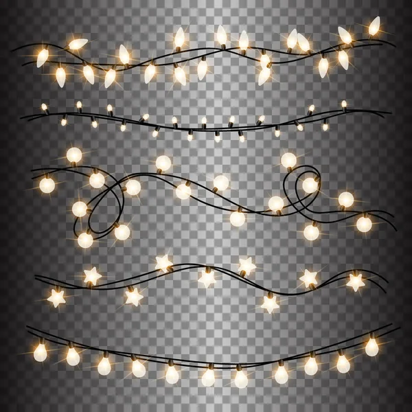 Set of warm light lamps garlands, festive decorations. Glowing christmas lights isolated on transparent background. Vector round, stars and little bulbs. — Stock Vector