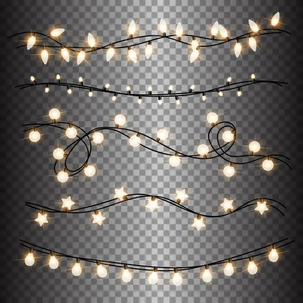 Jogo de grinaldas de lâmpadas leves quentes, decorações festivas. Luzes de Natal brilhantes isoladas em fundo transparente. Vetor redondo, estrelas e bulbos pequenos . — Vetor de Stock
