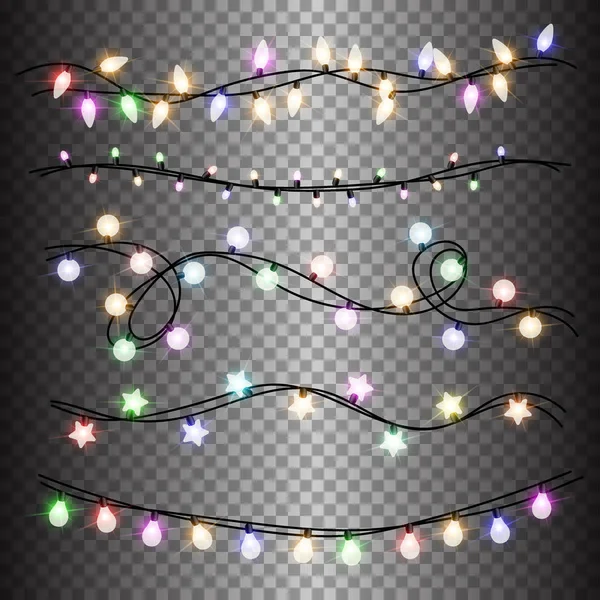 Conjunto de lámparas de colores cálidos guirnaldas, decoraciones festivas. Luces de Navidad brillantes aisladas sobre fondo transparente. Vector redondo, estrellas y pequeños bulbos . — Vector de stock