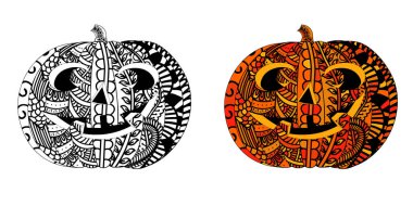 Cadılar Bayramı Balkabağı etnik doodle desenli. Zentangle anti stres yetişkin ve çocuklar için boyama kitabı sayfaları için desen esin kaynağı oldu. Siyah beyaz ve renkli bir