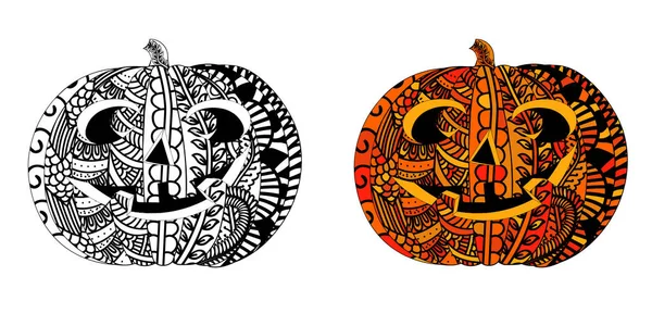 Halloween pumpa med etniska doodle mönster. Zentangle inspirerade mönster för anti stress färgsätta sidor för barn och vuxna. Svart på vitt och färgade i en — Stock vektor